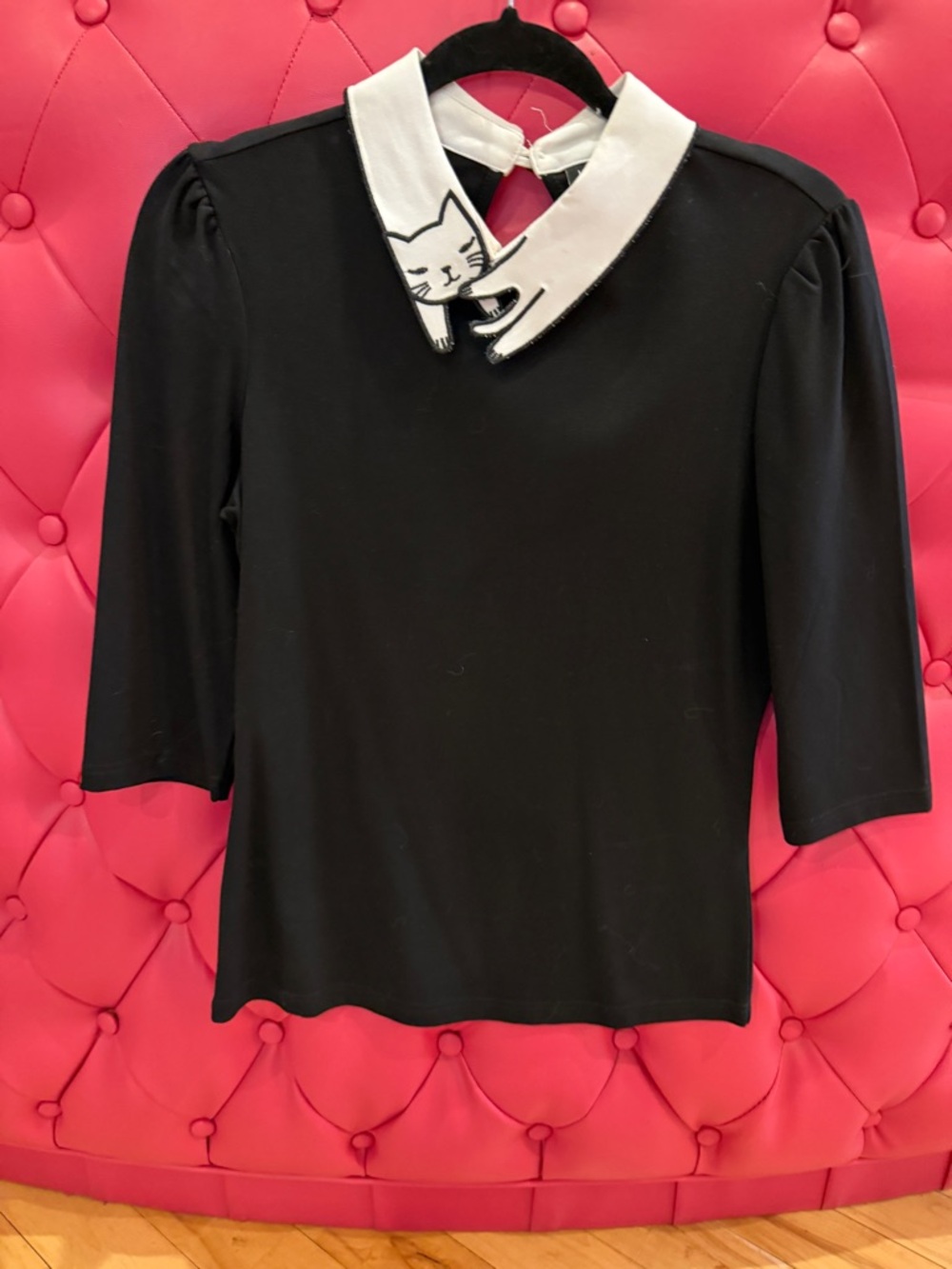 Retro style Women's Black Blouse with cheeky White Cat Collar